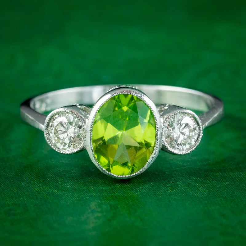 Classic Gold Wedding Ring-Edwardian Style Peridot Diamond Trilogy Ring 1.6ct Peridot