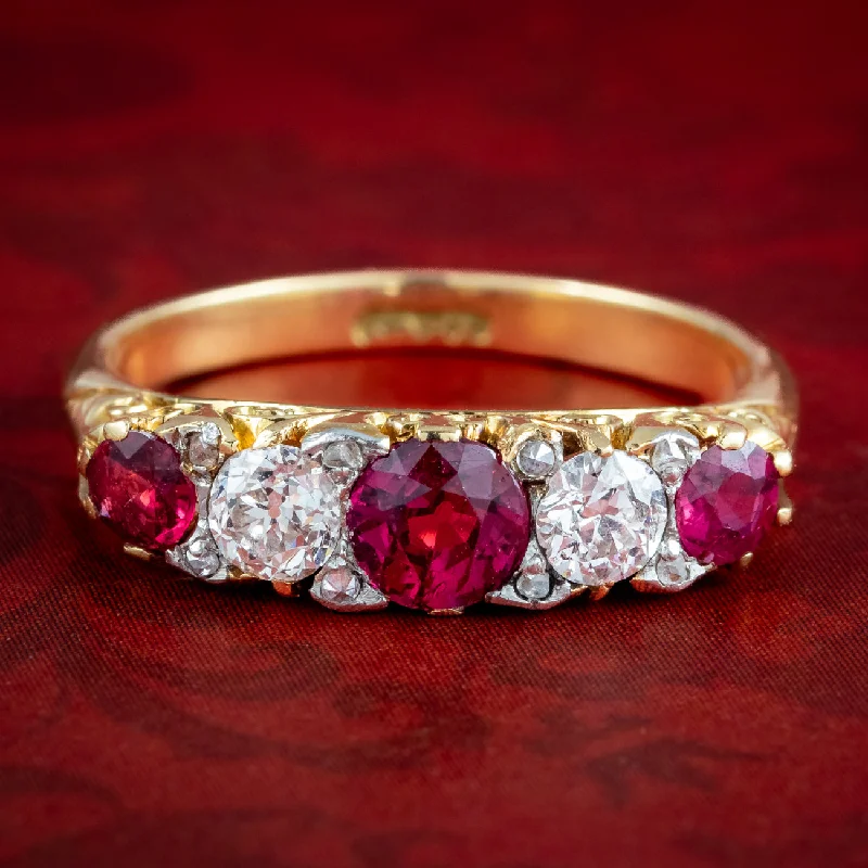 Black Diamond Ring for Men-Antique Victorian Ruby Diamond Five Stone Ring 0.90ct Ruby