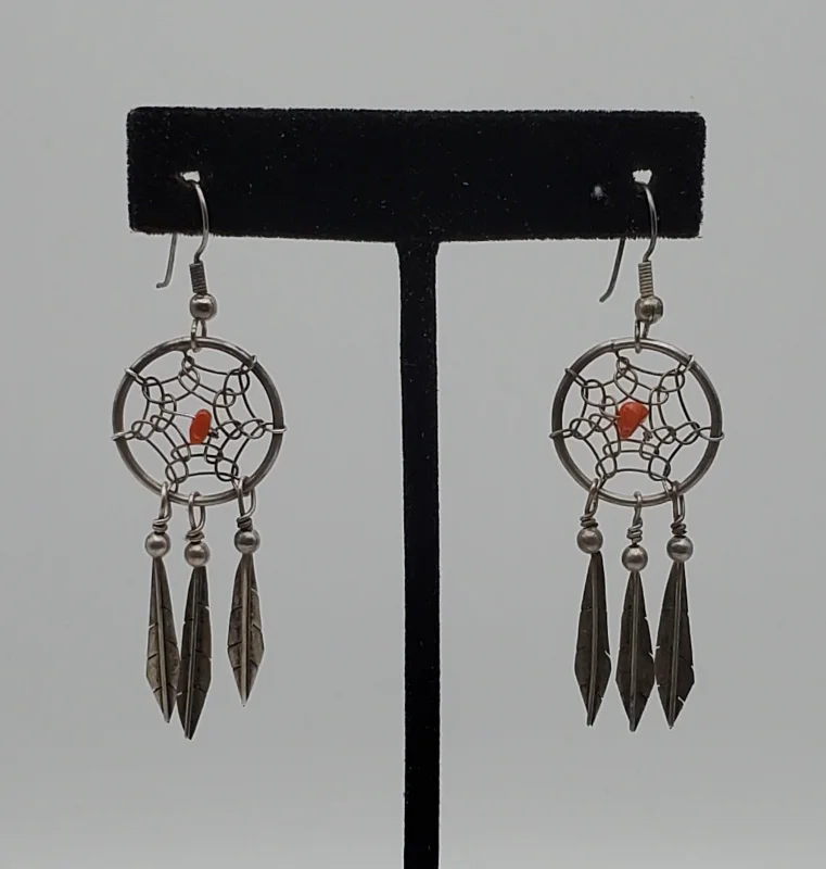 Elegant Stud Earrings for Casual Wear-Vintage Silver and Coral Dreamcatcher Earrings