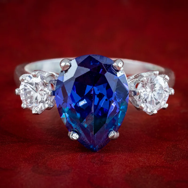 Multi-Gemstone Ring for Fashion Style-Edwardian Style CZ Tanzanite Trilogy Ring