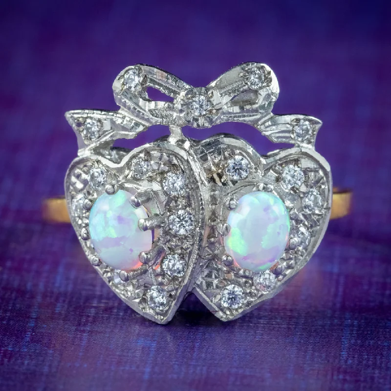 Classic Solitaire Ring for Engagement-Edwardian Style Opal Cz Double Heart Ring