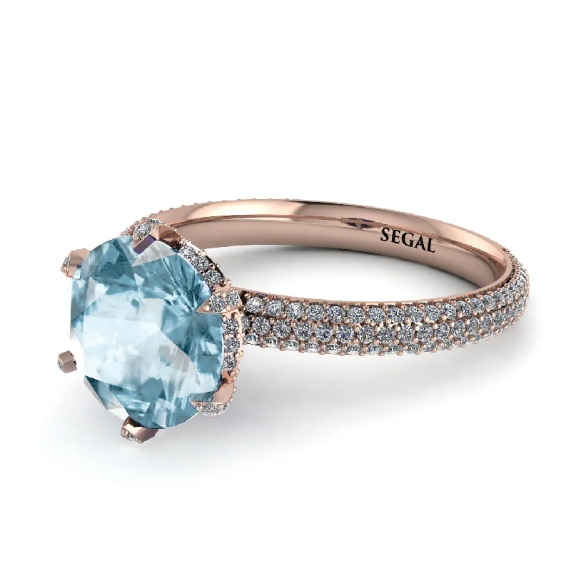 Custom Wedding Ring for Fashionable Couples-Hidden Halo Round Aquamarine Engagement Ring - Ashley No. 402