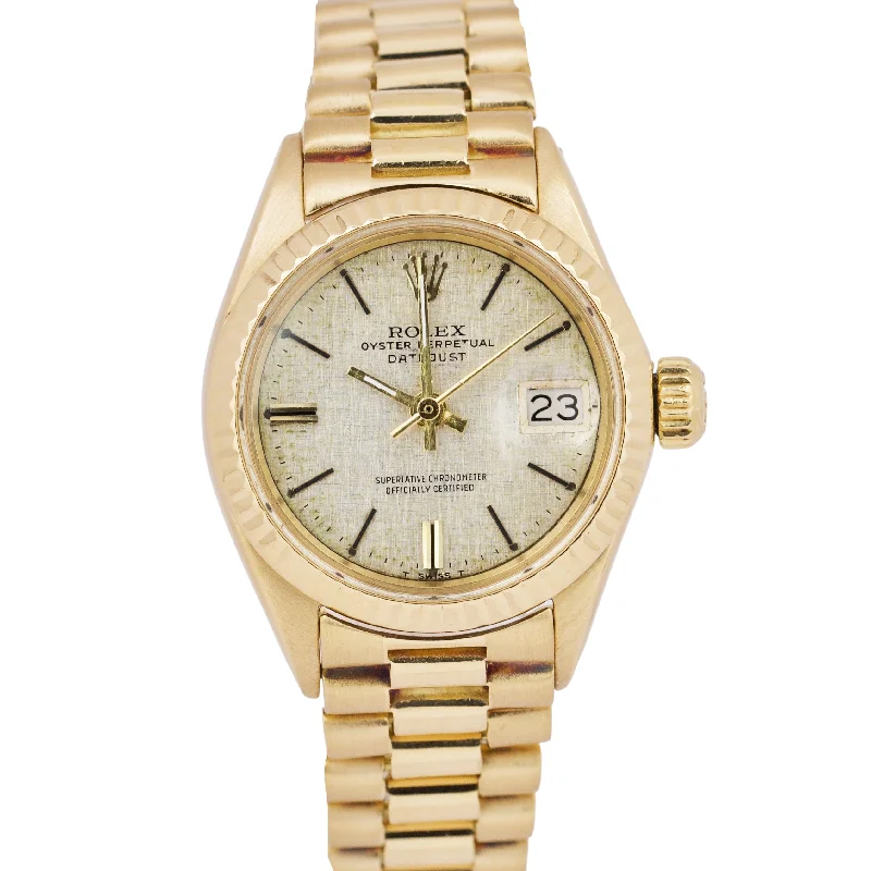 Custom Watches with Personalized Engraving-Rolex DateJust President 26mm SILVER LINEN 18K Yellow Gold Fluted Watch 6917