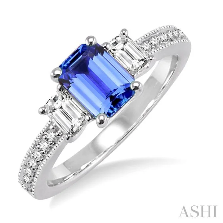 Customizable Gemstone Ring for Women-7x5 MM Octagon Cut Tanzanite and 1/2 Ctw Round Cut Diamond Ring in 14K White Gold