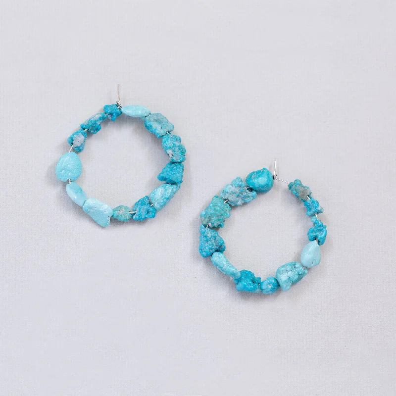 Long Drop Earrings for Women-Turquoise and Silver Hoop Earrings