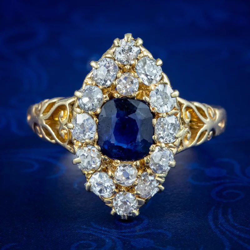 Wedding Ring Set with Matching Bands-Antique Victorian Sapphire Diamond Navette Cluster Ring 1ct Sapphire