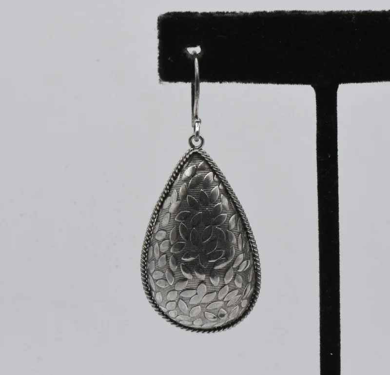 Flower Shaped Earrings-Vintage Sterling Silver Domed Teardrop Dangle Earrings - Read Description