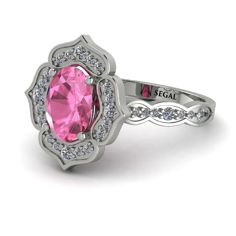 Simple Men’s Gold Band Ring-Decorated Halo Oval Pink Moissanite Engagement Ring - Faith No. 803